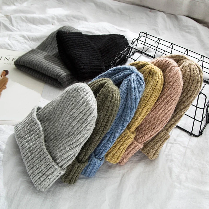 New Winter Solid Color Wool Knit Beanie Women Fashion Casual Hat Warm Female Soft Thicken Hedging Cap Slouchy Bonnet Ski