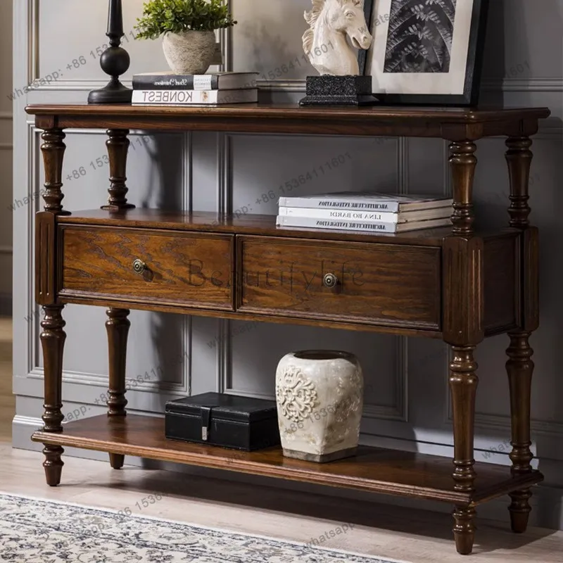 American rural solid wood entrance table retro and old wall view table, decorative cabinet