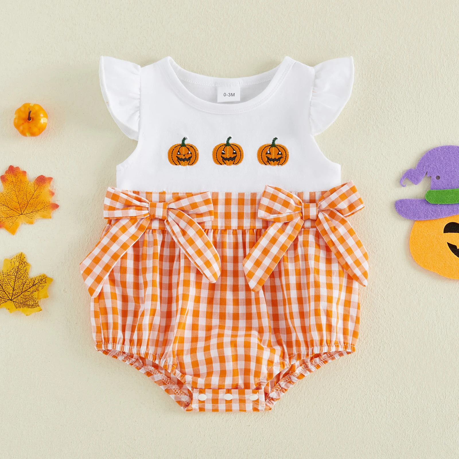 Baby Girl Halloween Romper Pumpkin Embroidery Plaid Print Crew Neck Fly Sleeve Infant Bodysuits Jumpsuits