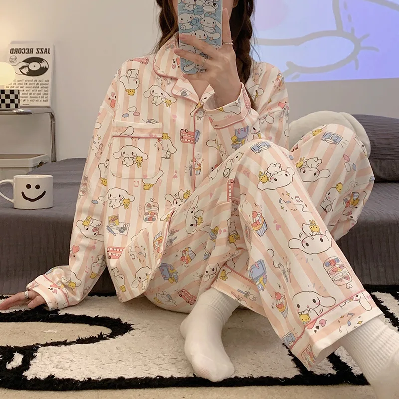 

Cinnamoroll Pajamas Set Girls Sweet Pink Hello Kitty Sleepwear Comfortable Home Button Nightgown Ladies Long Sleeved Nightshirt