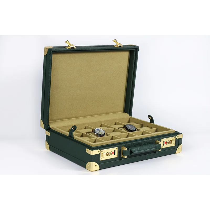 OEM ODM Luxury 15 Slots Green PU Leather Watch Display Storage Box Italian Style Design Custom Stainless Steel Wood MDF Watch
