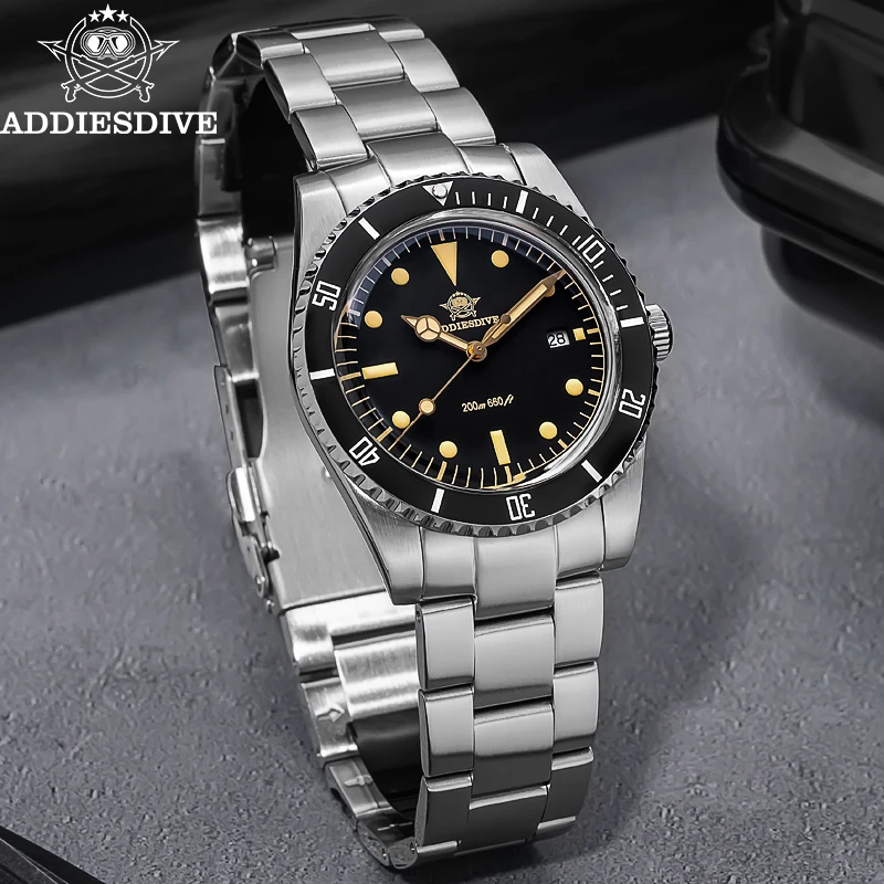 ADDIESDIVE 39mm Men Watch New Quartz Wristwatch Automatic Date Ceramic Bezel Diving 200m Waterproof Luminous Steel Watch AD2072