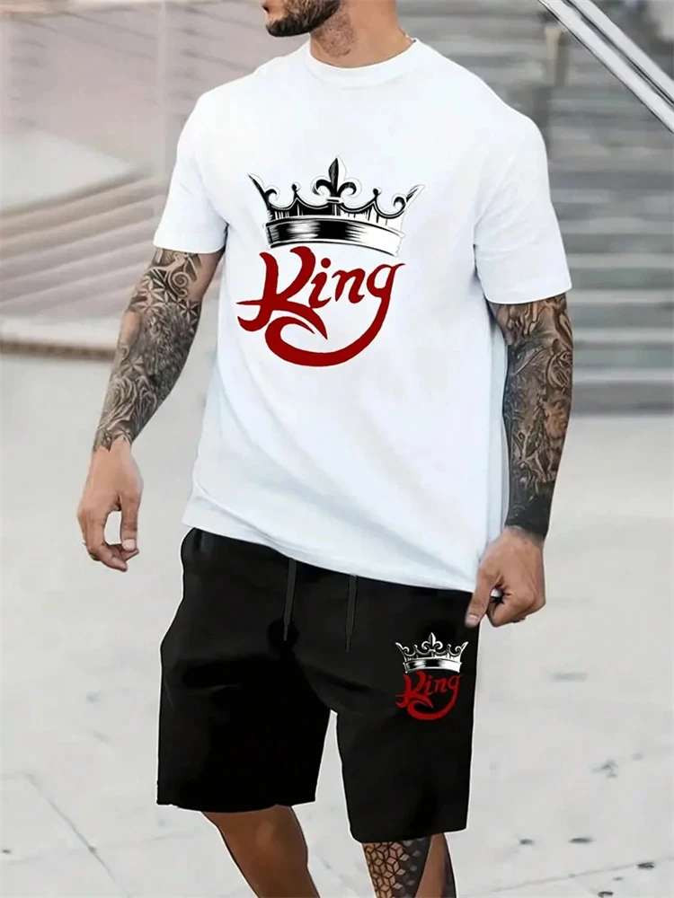 

2025-26 Новая мода 3D King с принтом мужские шорты с короткими рукавами костюм толстовка летний повседневный костюм быстросохнущий и дышащий