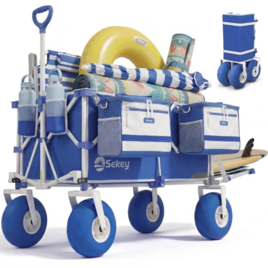 Heavy Duty Beach Wagon for Sand, Camping, Vacation: 9 Sand-Proof Balloon Tires, 300L Foldable Cart with Cooler, Adjustable Hand