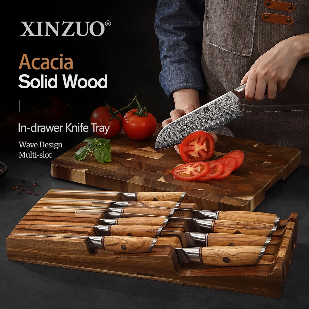 

XINZUO 11 Slots Knife Holder Without Knives Acacia Wood Knife Drawer Organizer Wooden Knives Storage Block Holder Kitchen Drawer