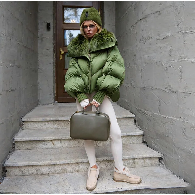Warm Fur Collar Cotton Coats Women's Green Lapel Zipper Full Sleeve Padded Jacket Overcoat 2026 Winter New Lady Loose Streetwear