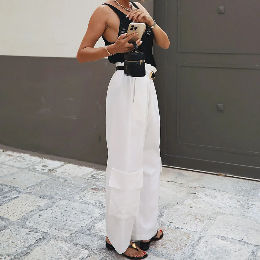 リナッドストリートシックな白いプリーツパンツ女性オフィスレディ用ポケット付きズボン女性カジュアル固体ロングパンツ2025秋
