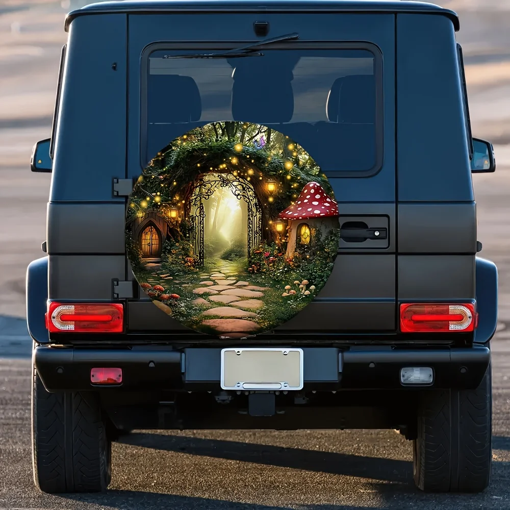1pc Enchanted Forest Mushroom House Tire Cover - Easy Install, Machine Washable Polyester Fabric, Fit For Mountain & Travel Use,