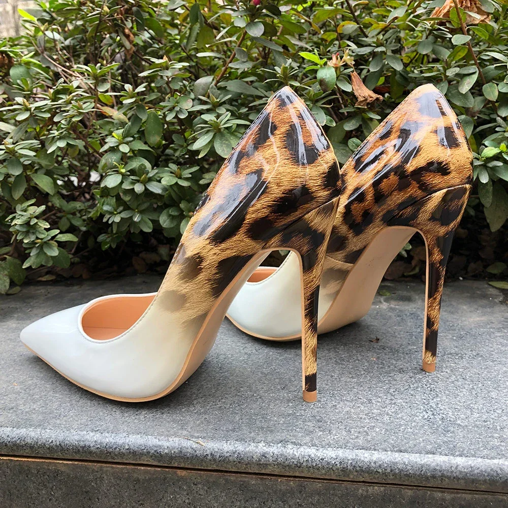 12cm sexy patent leather leopard print gradient high heels, slim heels shallow mouth single shoes, model plus size women's shoes