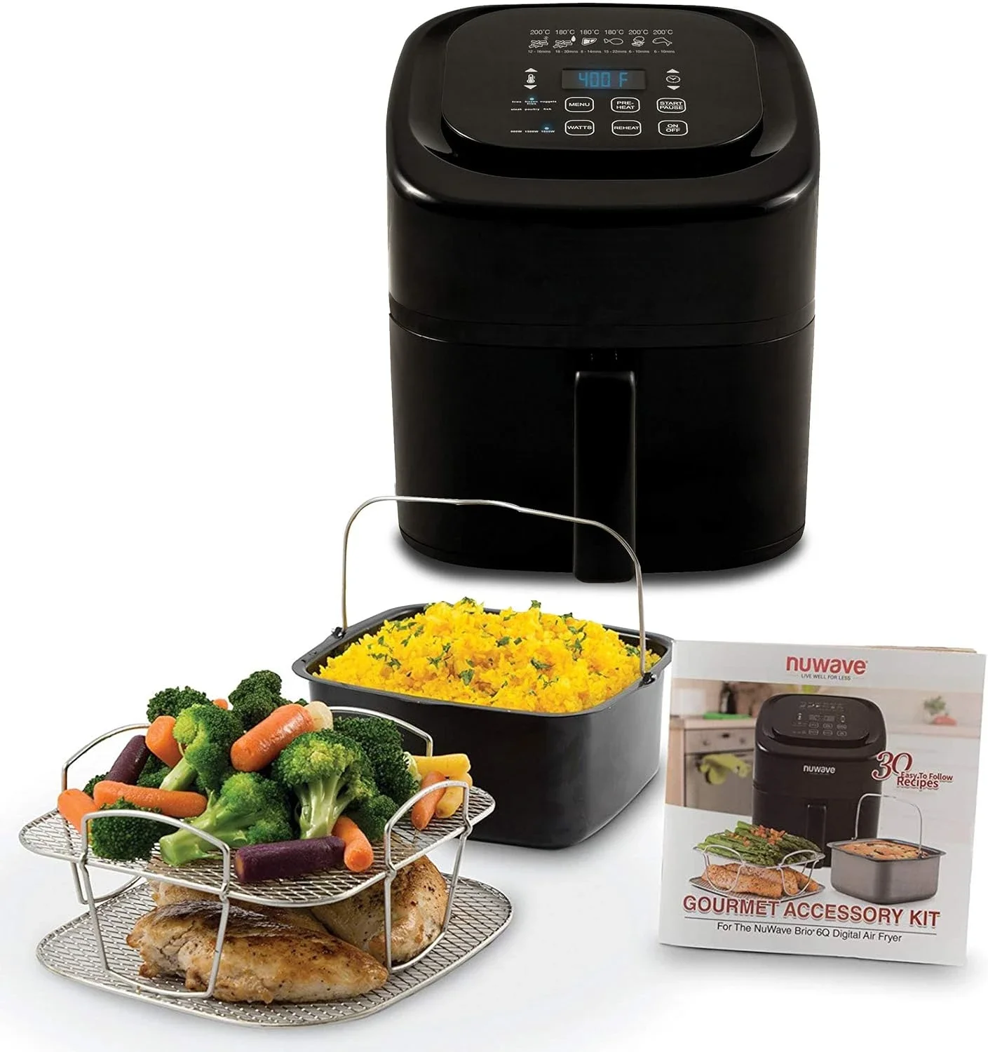 

Black Brio 6-Quart Gourmet Digital Air Fryer with Non-Stick Baking Pan and Stainless-Steel Cooking Rack - Includes Gourmet Kit