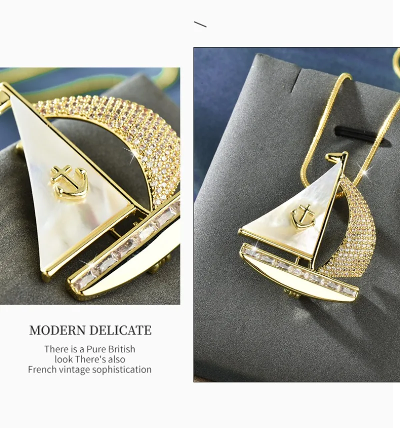 秋冬の新しいロングネックレス、セーリングボート風のセーターチェーン、ツーピースドレス用のコサージュブローチ