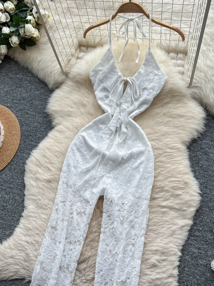 

Ele Hollow out Embroidery Strap Jumpsuit for Women High Waist Long Pants Netie Design Comfortable Fit Office Wear