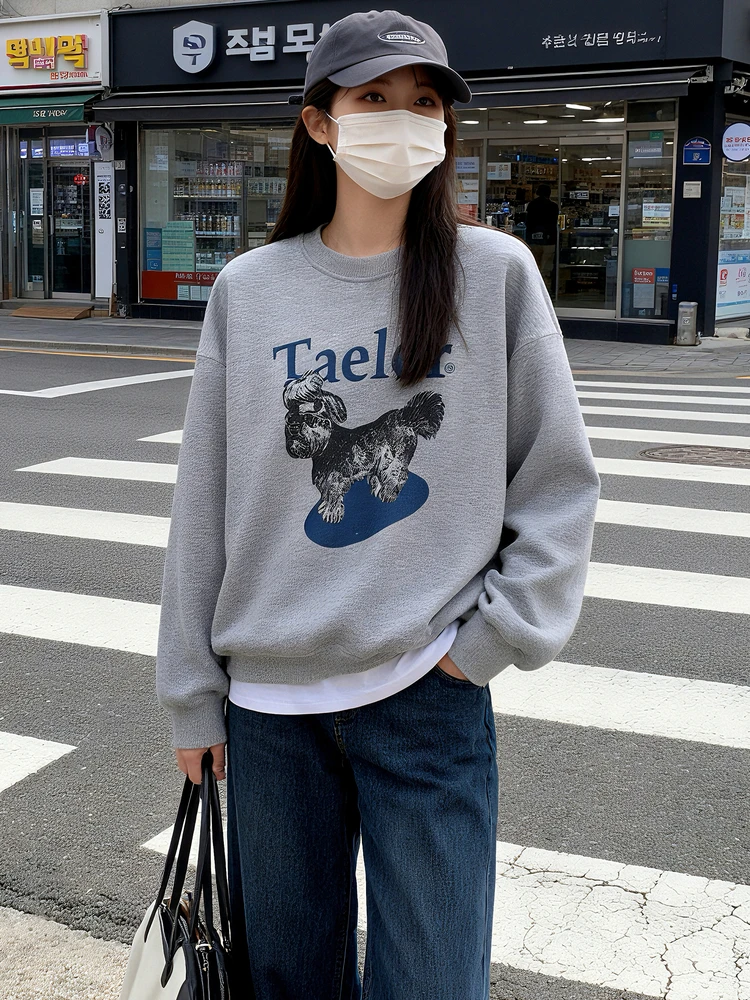 

Loose Fit round Ne Fce Lined Long Sve Cartoon Dog Print Sweatirt Casual Comfortable Women's ey Hoodie