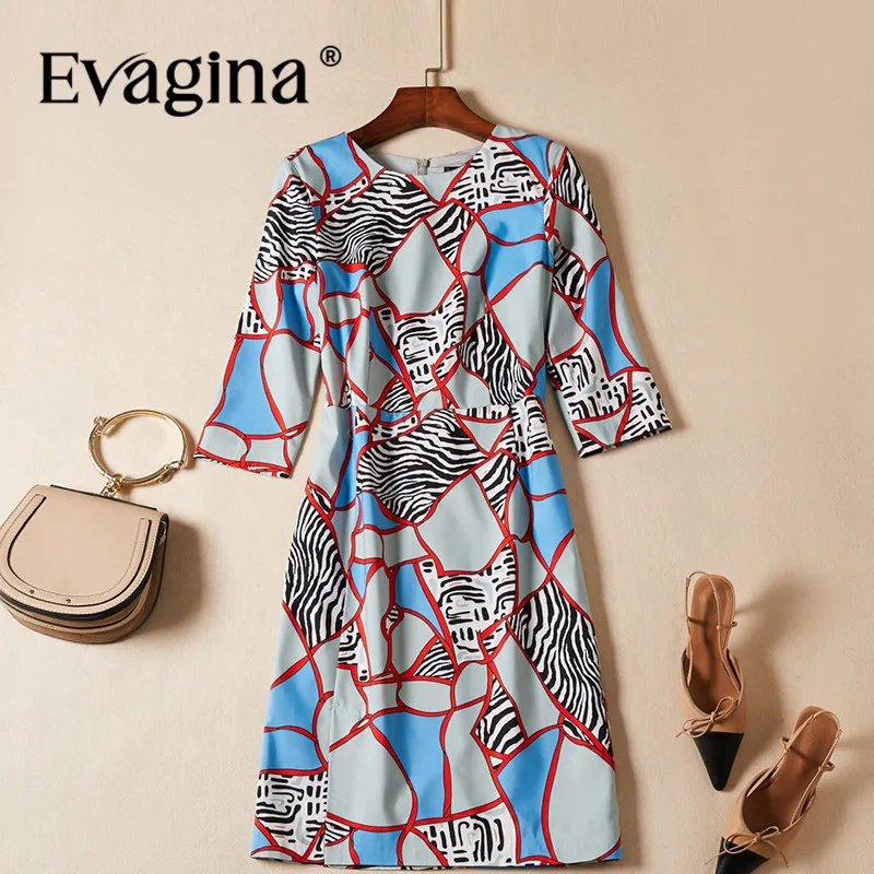 

Evagina New Fashion Runway Designer Dress Women's Half Sleeved Striped Print High Street Blue Mini Dresses