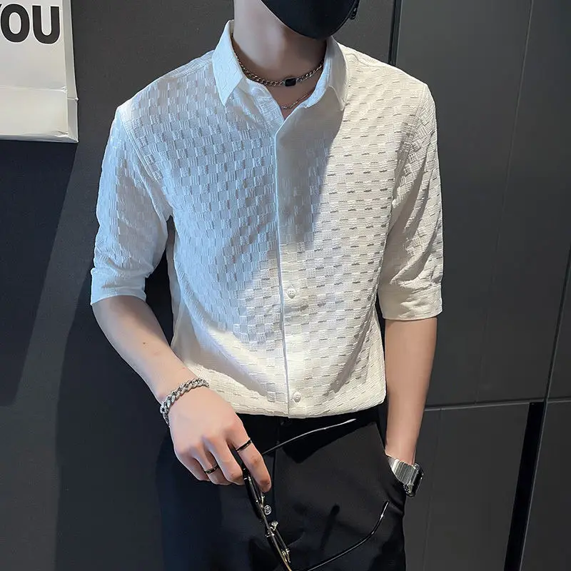 Men's White Shirt Summer Ice Silk Short Sleeve Men's Half Sleeve Shirt Men's Mid Sleeve Shirt