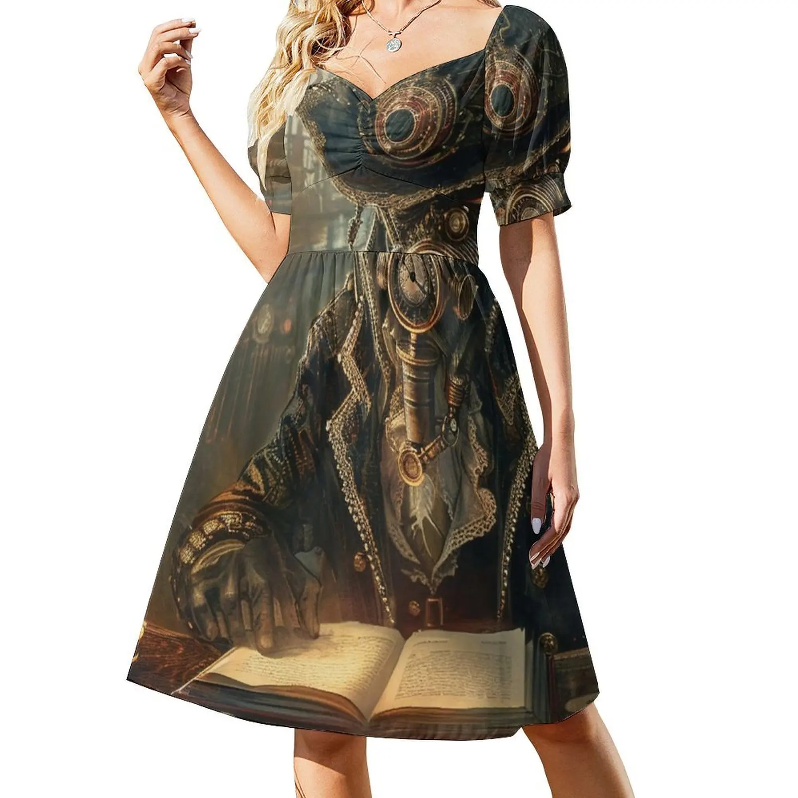 فستان Steampunk Android In The Library مثير للإجازات للنساء على الشاطئ وحفلات أعياد الميلاد فستان قصير خيالي Steampunk Android Robot #2