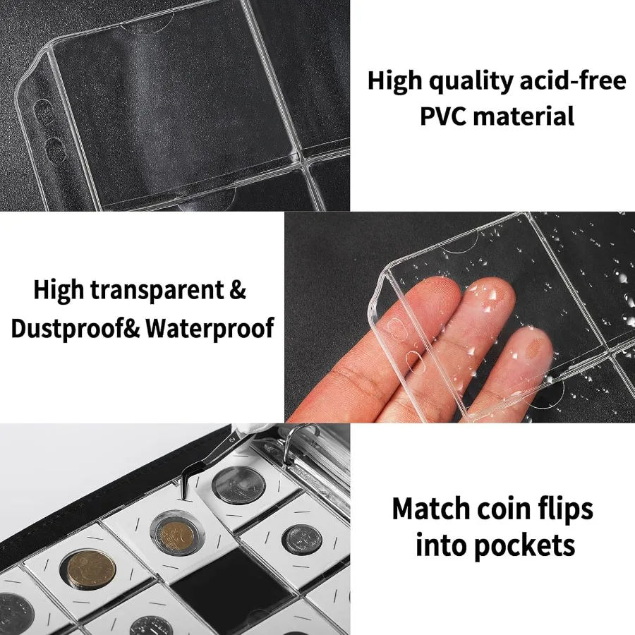 15 Sheets Coin Pocket Pages 5x5cm 2"x2" 20 Pockets Standard 9Hole Coin Binder Inserts Sleeves Coin Collection Pocket Pages