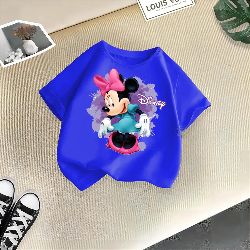 Disney-Minnie infantil camiseta de algodão manga curta, top de rua de verão, desenhos animados, meninos e meninas, blusa casual infantil