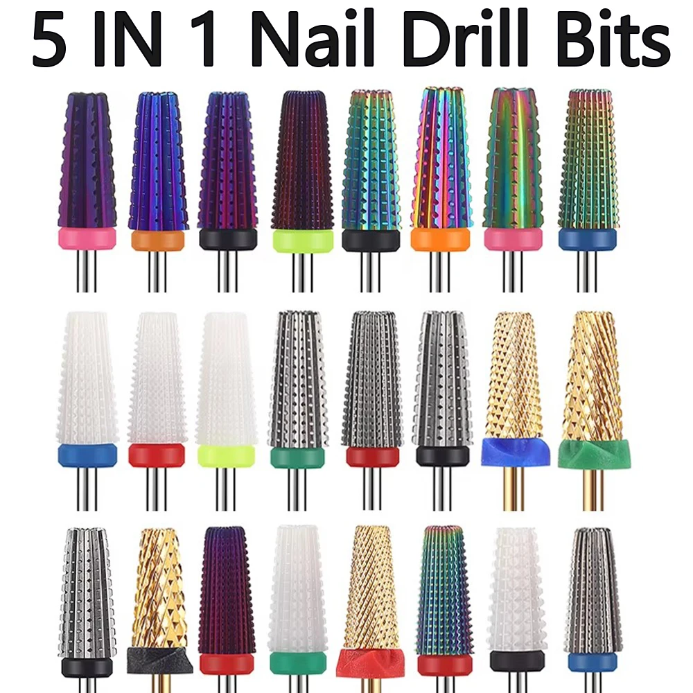 5 in 1 Carbide Tungsten Steel Nail Drill Bits For Remove Nail Polish Gel UV Gel Nail Drill Bit Milling Cutter Accessory