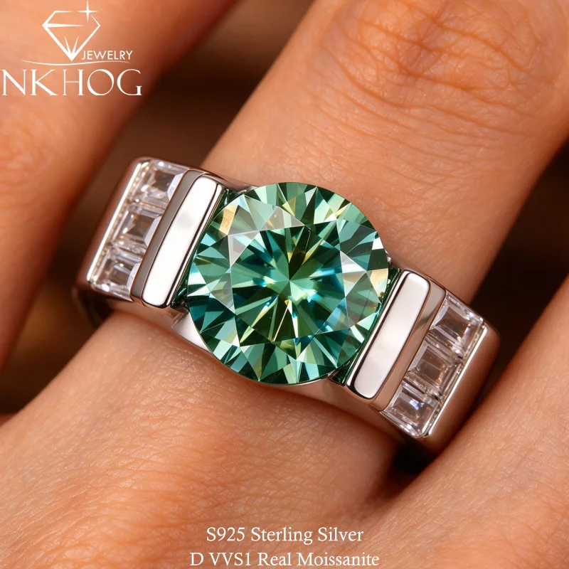 3CT Green Moissanite Ring 9mm Round Brilliant 925 Sterling Silver Engagement Wedding Band Certificate Pass tester D VVS1 Jewelry