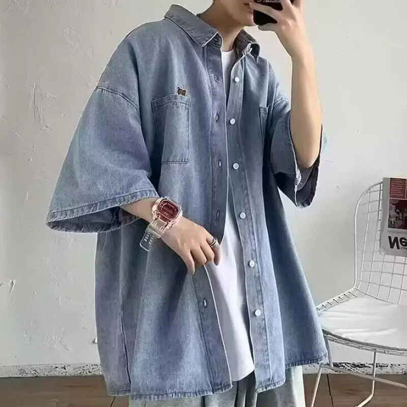 Loose Men Short Sleeve Denim Coat Fashion Streetwear Casual Jacket Embroidered Little Bear Out Wear Square Collar Male Top
