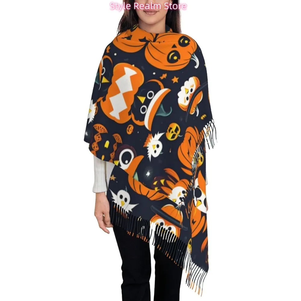 Halloween Owl Ghost Pumpkin Print Polyester Scarf Breathable Fashion Accessory For Travel And Everyday Wear