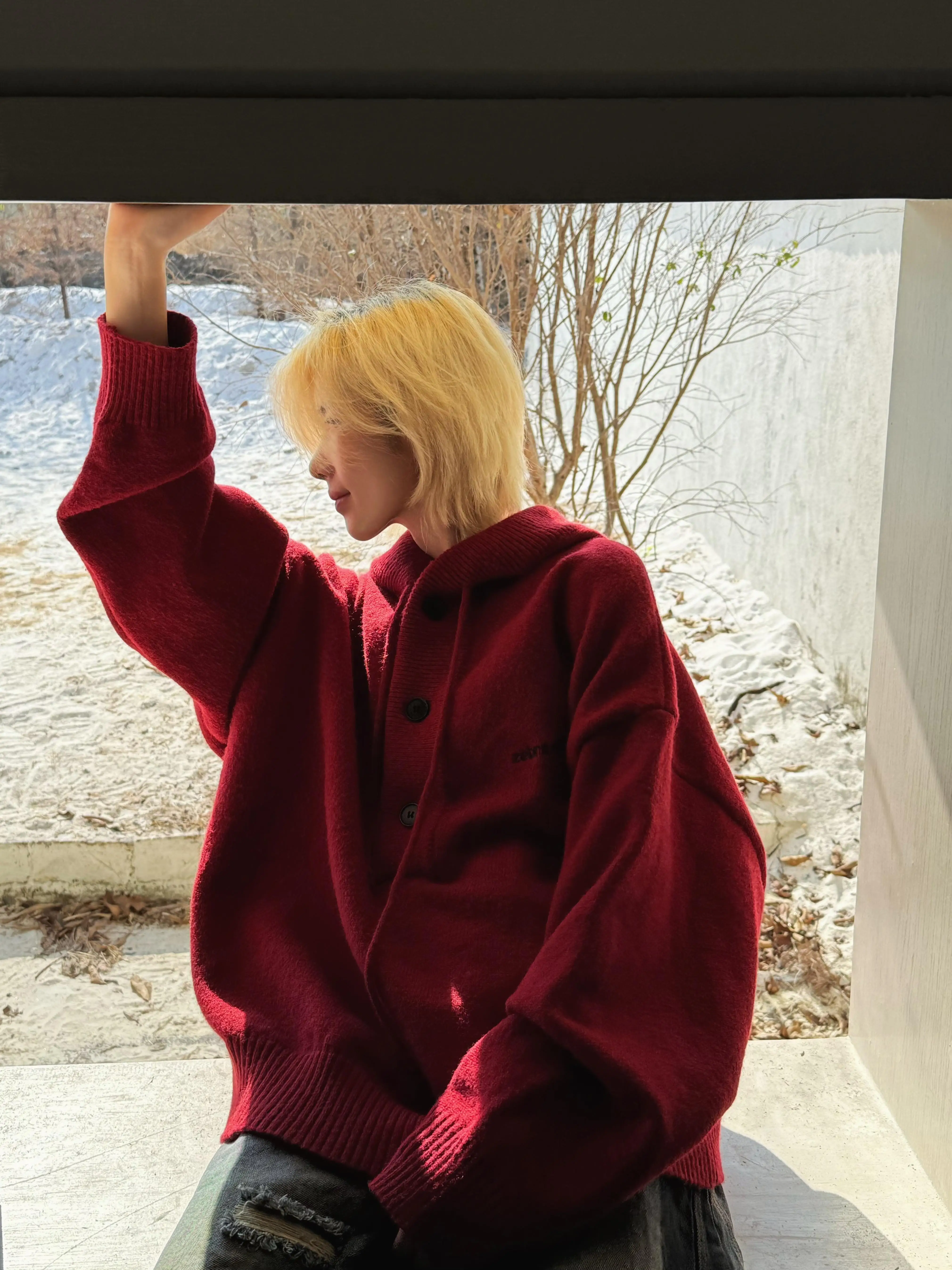 Ja1 Lazy Style Hooded Sweater Drawstring Christmas New Year Couple Knitted Top Street Style Loose Fit Long Sleeve Regular Length