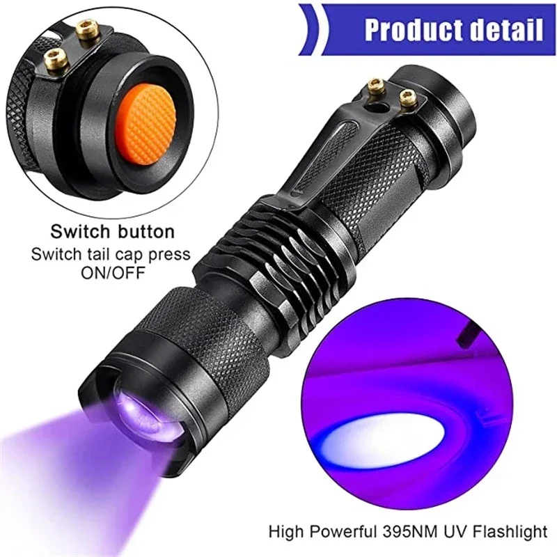 LED UV Flashlight 395nm Portable Mini Ultraviolet Torch Waterproof Zoomable Violet Light Pet Urine Scorpion Detector UV Lamp