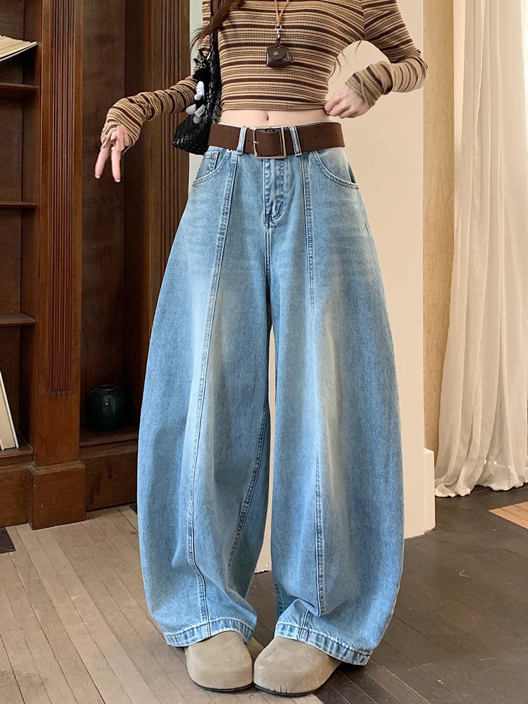 

American Style High Waist Loose Jeans Wide Leg Pants Women's Spring New Vintage Blue Long Straight Leg Trousers