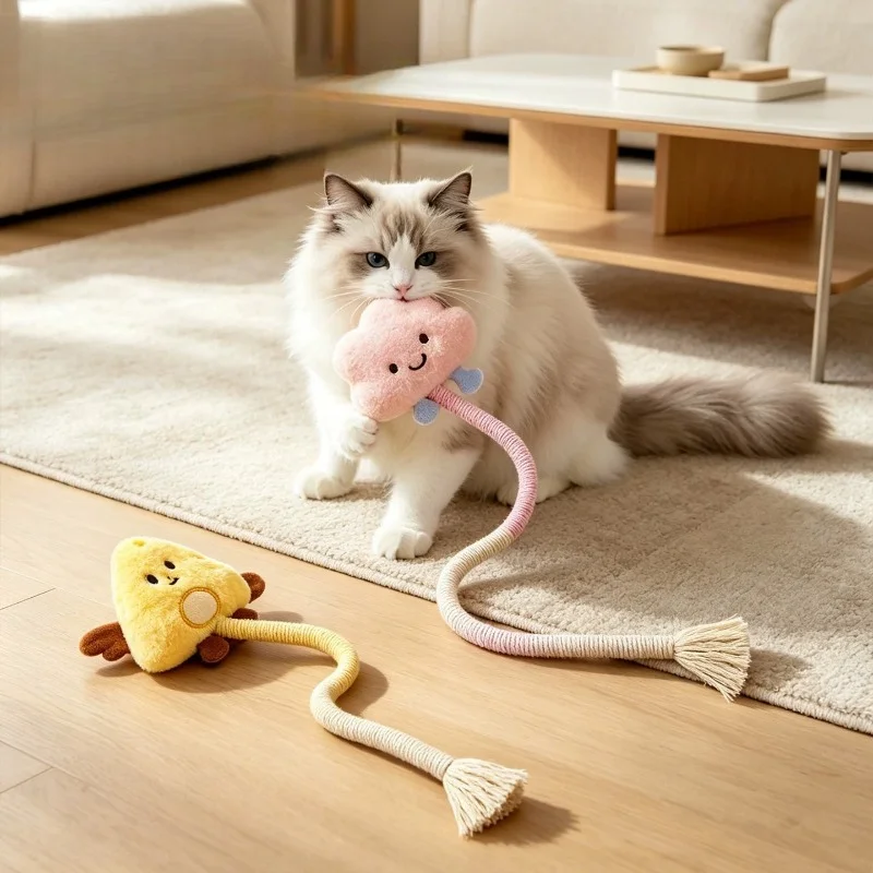 Cat Toy Self Play Boredom Relief Bite Rope Teeth Cleaning Grinding Toy Silvervine Cartoon Kitten Interactive Cat Teaser Wand