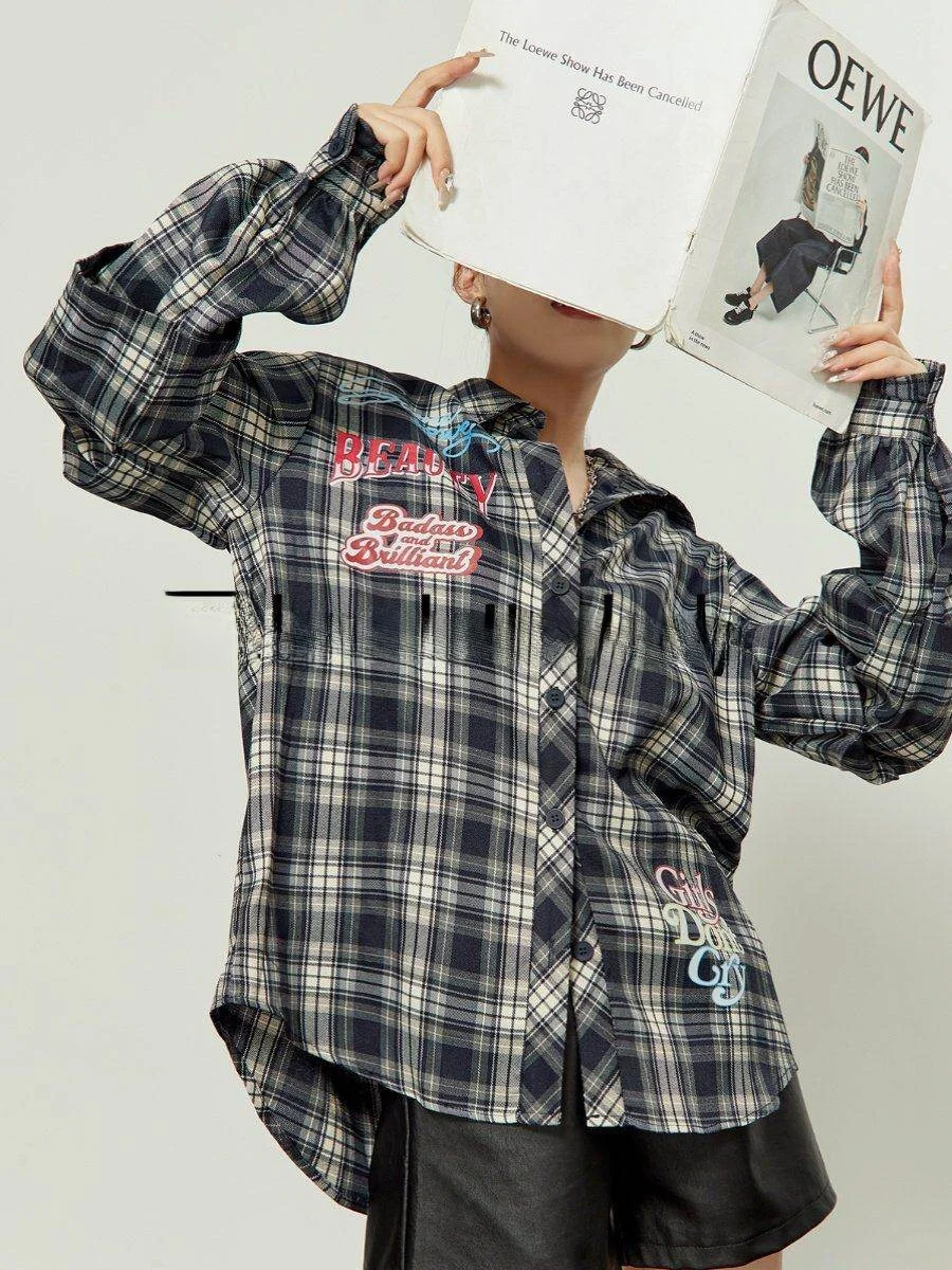 

Chic Floral Plaid irt American Retro Letter Design Asymmetrical Ele Top Zhou Li Wu New Autumn 2024 Women's Busin Cas...