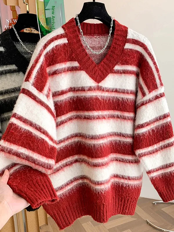 Roter Streifen-V-Ne-Strickpullover für Damen, lockere Farbe, Blo-gestreift, Frühling 2026, lässige Passform, bequeme Passform, langes Sve-Top