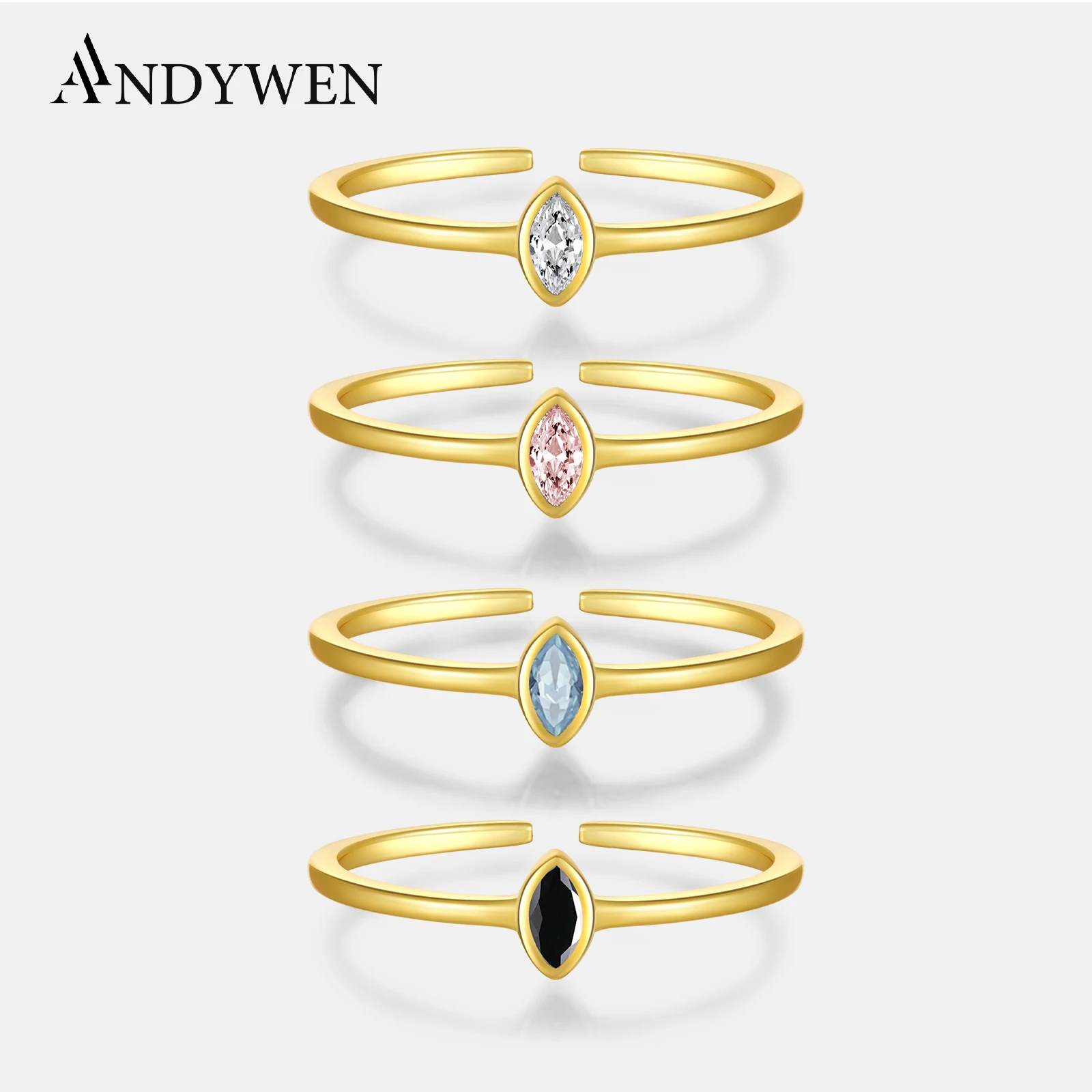 ANDYWEN 925 Sterling Silver Gold Zircon CZ Crystal Oval Resizable Rings Wedding Luxury Jewelry Slim Finger Jewels Gift Party