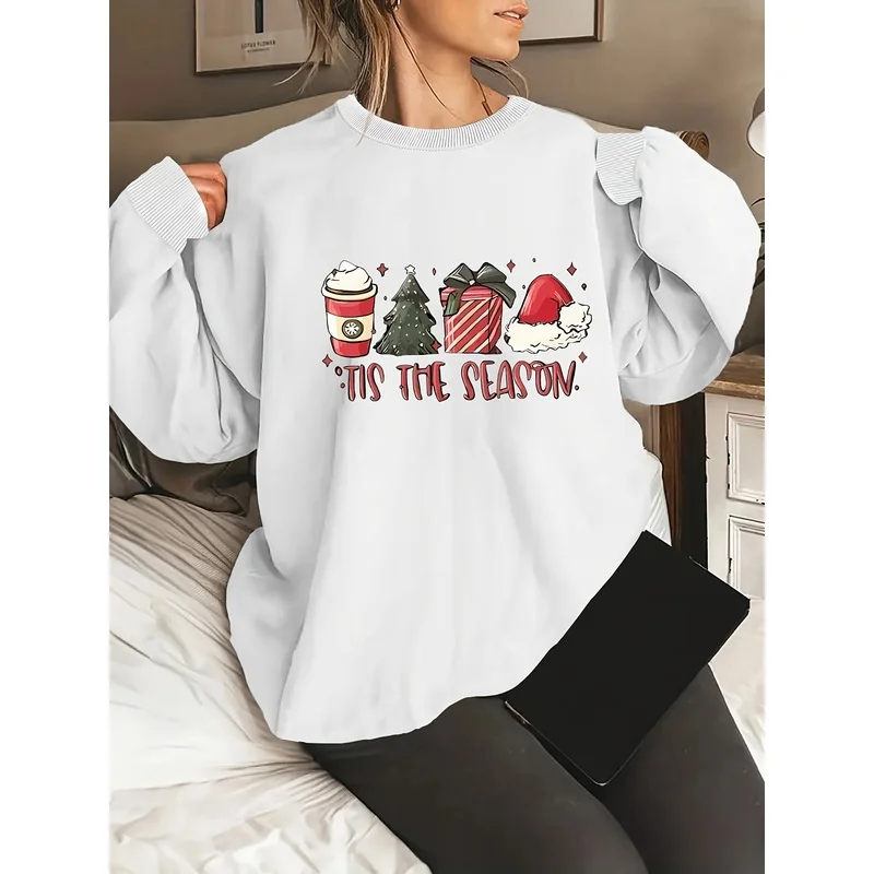 Women Crewneck Sweatshirt Tis The Season Christmas Coffee Gift Hat Graphic Long Sleeve Oversized White Pullover Xmas Casual Swea