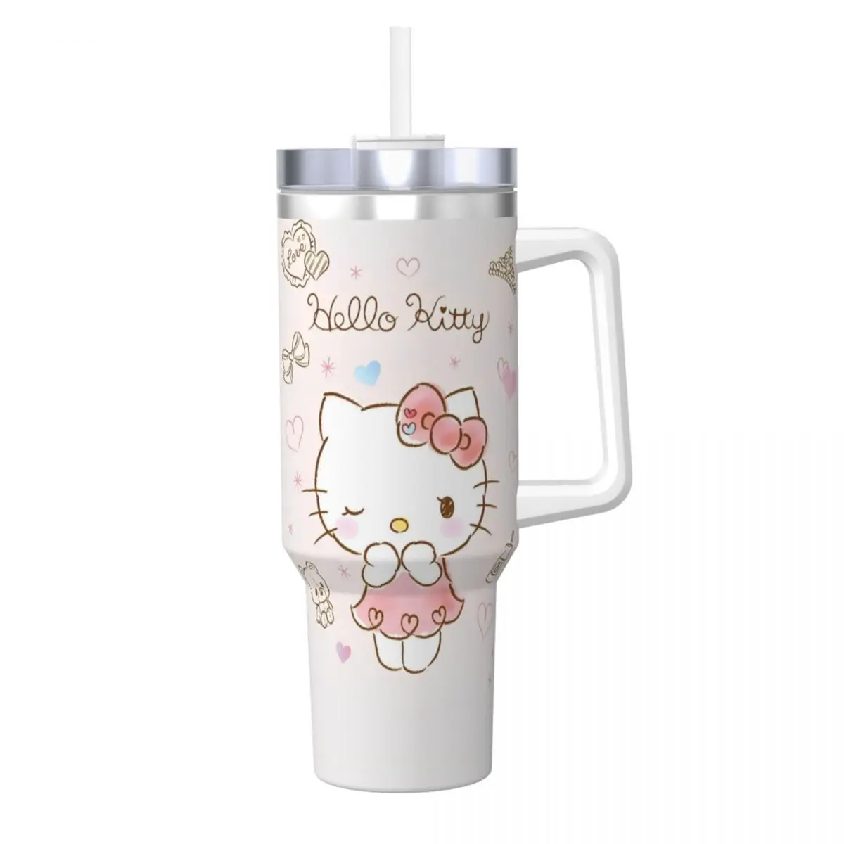 Japanese Sanrio Hello Kitty Kawaii Cartoon Cat Stainless Steel Tumbler Thermal Cups With Straws and Lid Mugs Cup Water Bottle