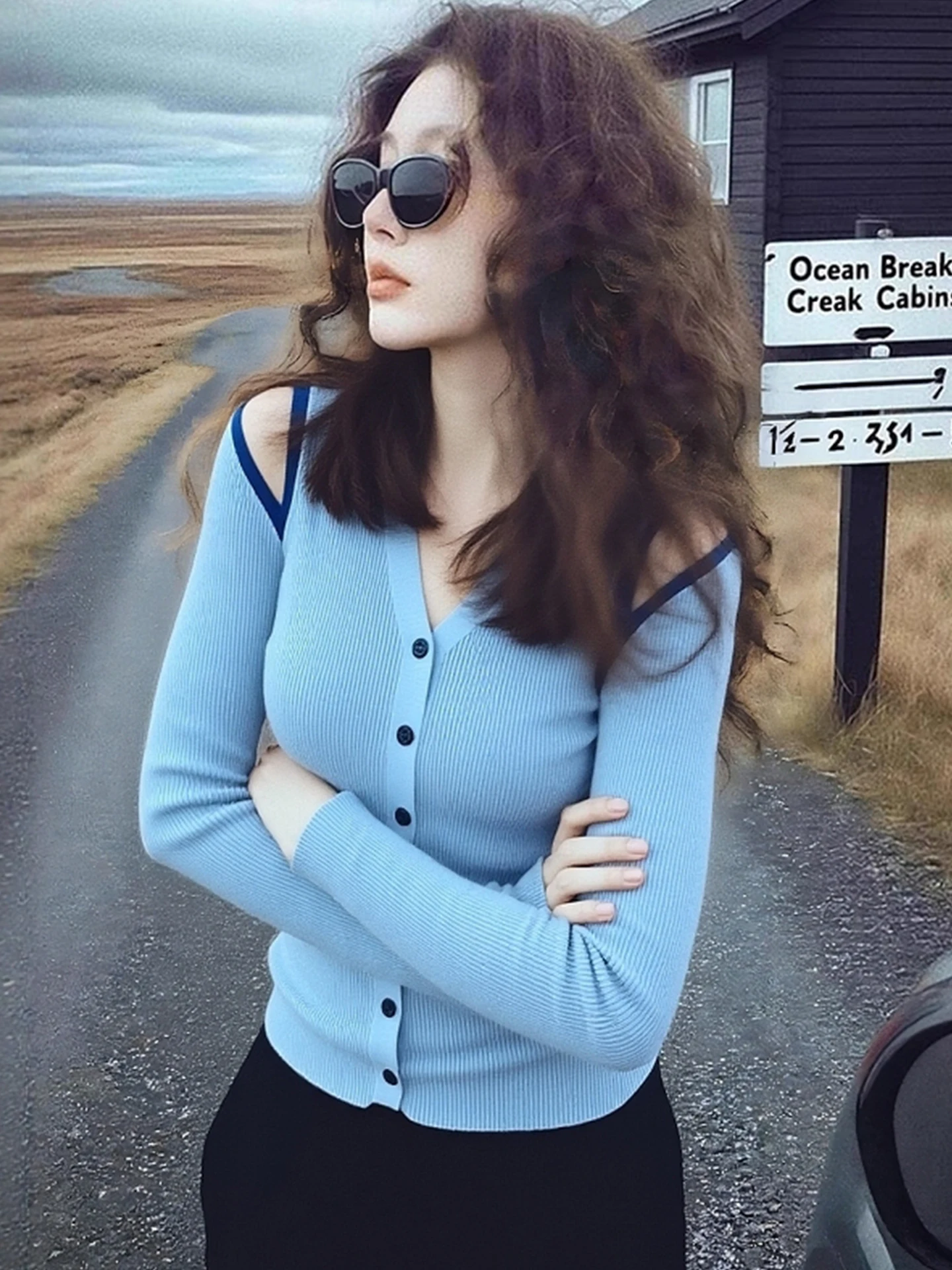 Faionable Knitted V-Ne oulder Bared Long Sve Base irt Winter Season Single Button Design Color Colion Faion Top