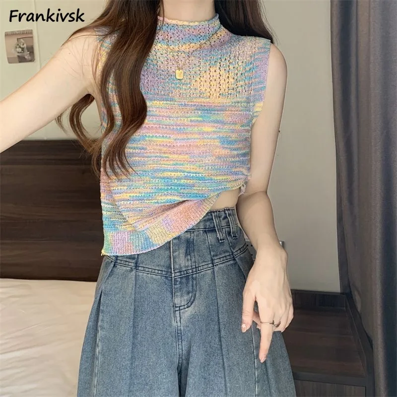 Colorful Tanks Women Slim Japanese Style Rainbow Simple Youthful Vitality Retro Spring Summer Hotsweet Y2k Stylish Temperament