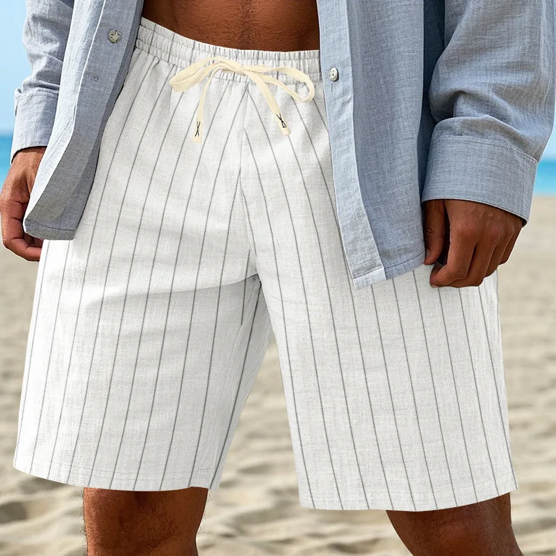 Men's Casual Fashion Drawstring Shorts European American Style Elastic Waist Thin Cotton Linen Striped Beach Shorts for Summer