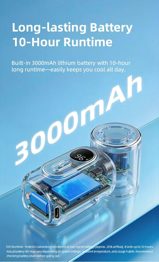Tragbarer Mini-Ventilator, kleiner Handventilator, 5 Geschwindigkeiten, 3000 mAh, USB wiederaufladbar, LED-Anzeige, 180° ° Drehbare Clip-Kühlventilatoren – Detail 5