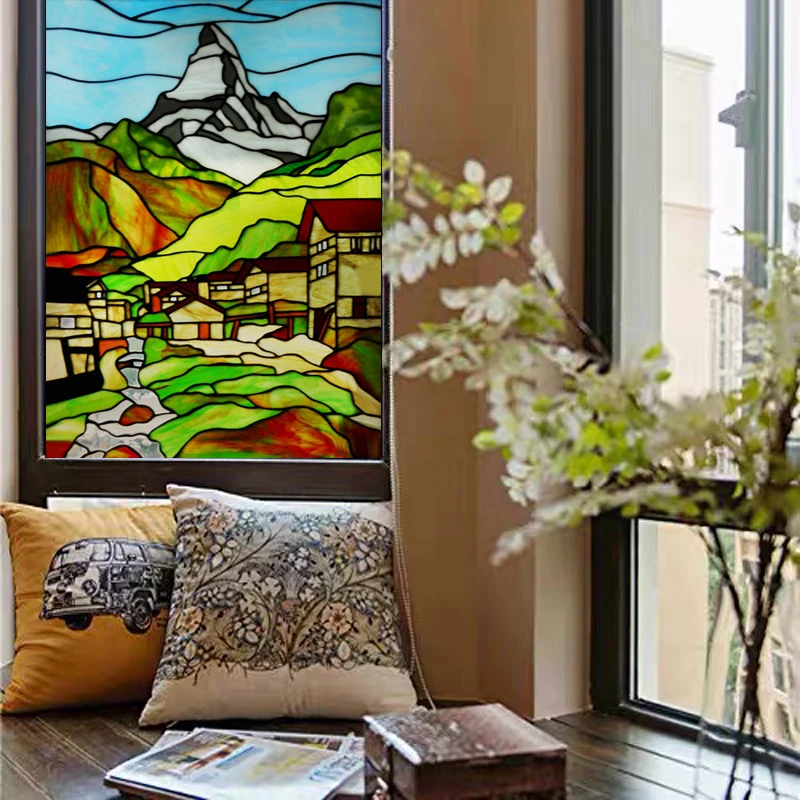 Custom Size Stained Glass Window Film Frosted Castle Pattern Decorative Vinyl for Home Church Kitchen Cabinet Door Bathroom
