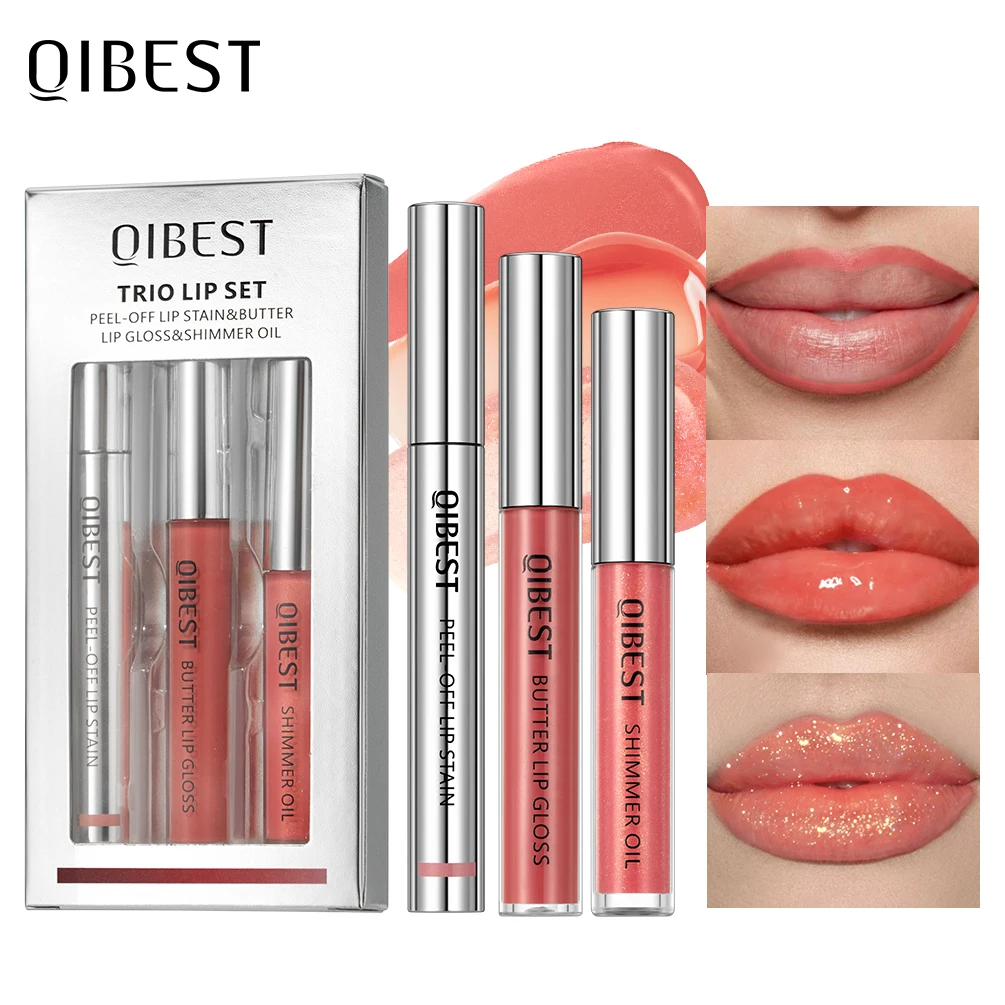 QIBEST 3-teiliges multifunktionales Make-up-Set, abziehbares Lippenfleck-Tattoo, Lippenglasur, schimmernder Lippenöl-Tönung, langlebige Lipgloss-Kosmetik