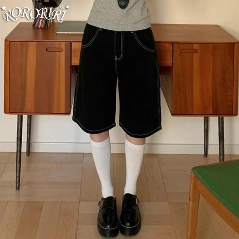 RORORIRI Girl Summer Shorts Plus Size High Waisted Wide Leg Denim Shorts Loose Fit Straight Leg Cropped Pant for Women Black