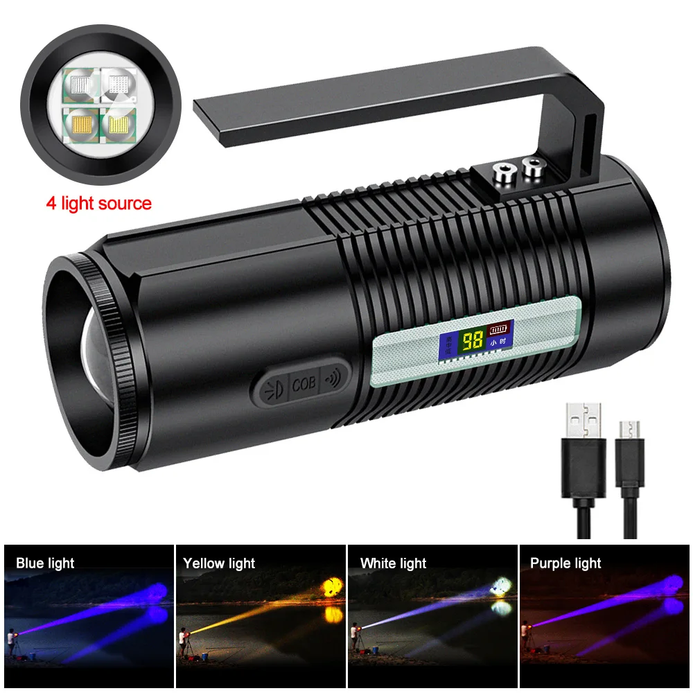 30W Powerful Fishing Light with Tripod 4 Color Searchlight Zoomable Flashlight Portable Spotlight Handheld Emergency Light