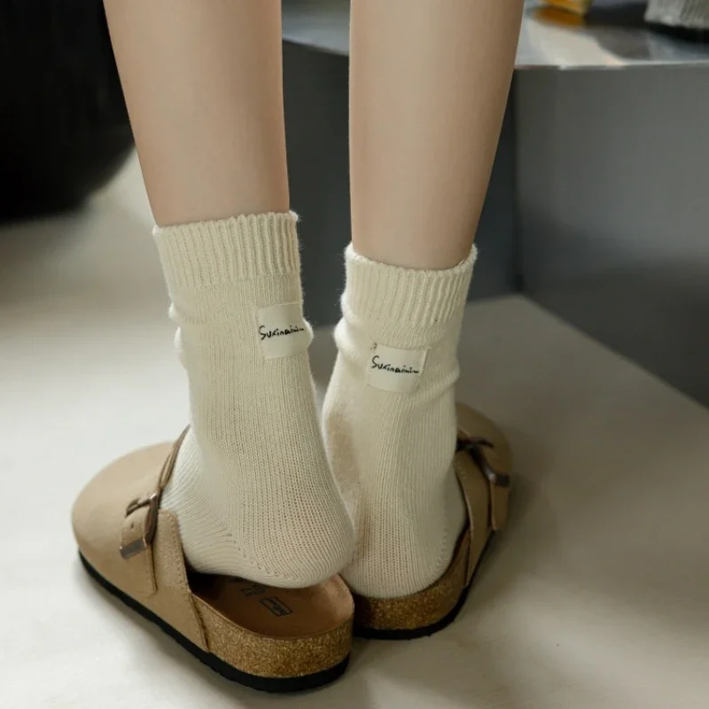 Autumn Winter Women Socks Korean Japanese Fashion Solid Color Black White Gray Middle Tube Socks Women Cotton Knitted Long Socks