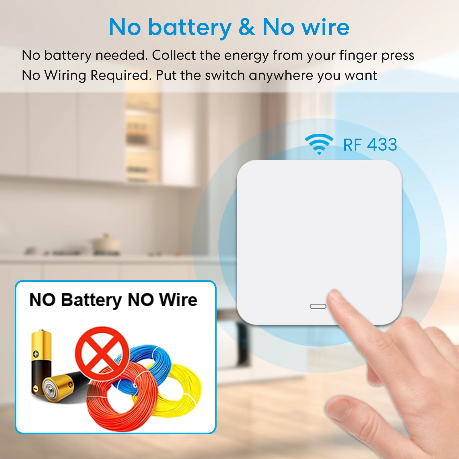 QCSMART RF433Mhz 10A Wireless Swith Relay Module with Self-powered Kinetic Switch Waterproof No Wiring Needed No Battery