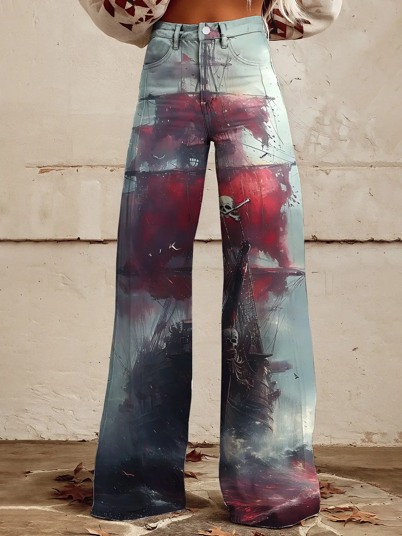 

Casual jeans with colorful western prints, Large ship pattern, and fun printed women's pants
