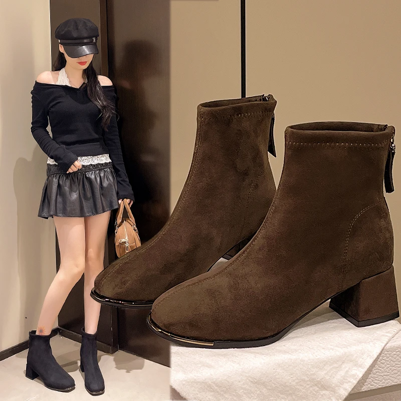 

Женские короткие ботильоны, замшевые модные туфли на среднем каблуке, зимние туфли-лодочки 2025 года, новый тренд, повседневные уютные женские туфли «Челси», Botas Mujer