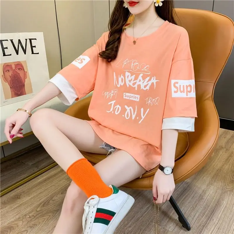 Fashion O-Neck Printed Spliced Fake Two Pieces T-Shirts Female Clothing 2024 Summer New Loose All-match Tops Casual Tee Shirt