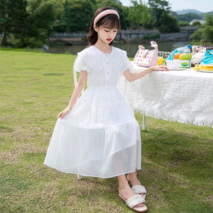 Girls Chiffon Dress White Premium Princess Dress 2023 Summer Stylish Big Kids Skirt Korean