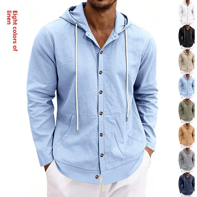 

Fashion Men's Hooded Linen Shirt - Casual Long Sleeve Button-Up Cardigan Coat
